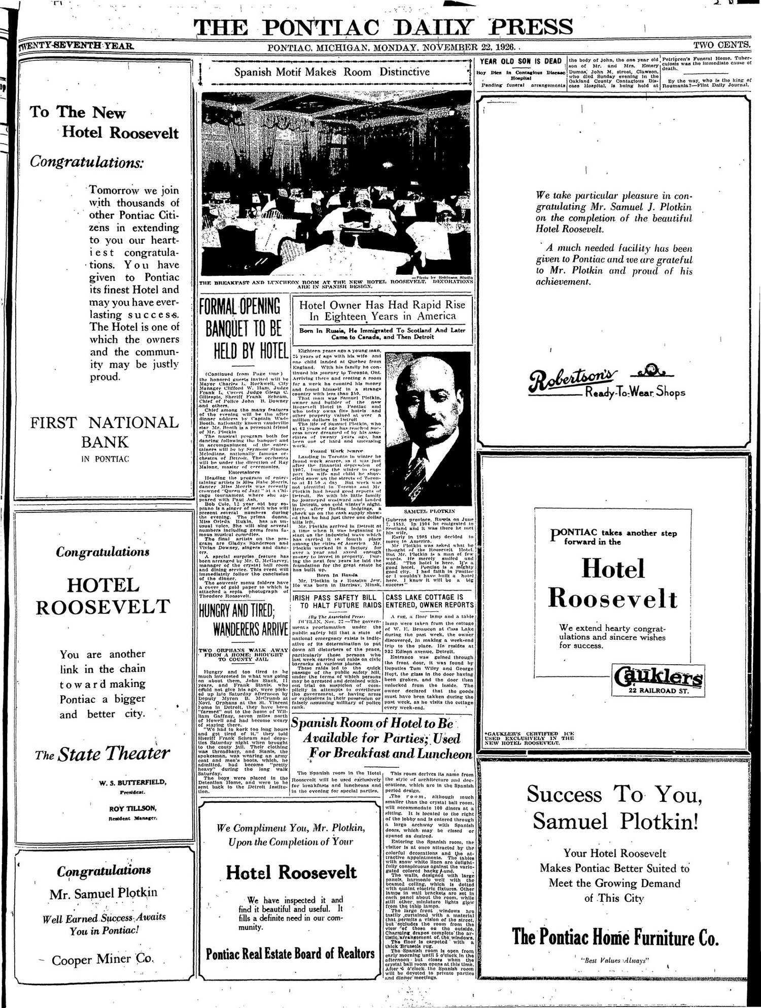 Hotel Roosevelt - Nov 22 1926 Article